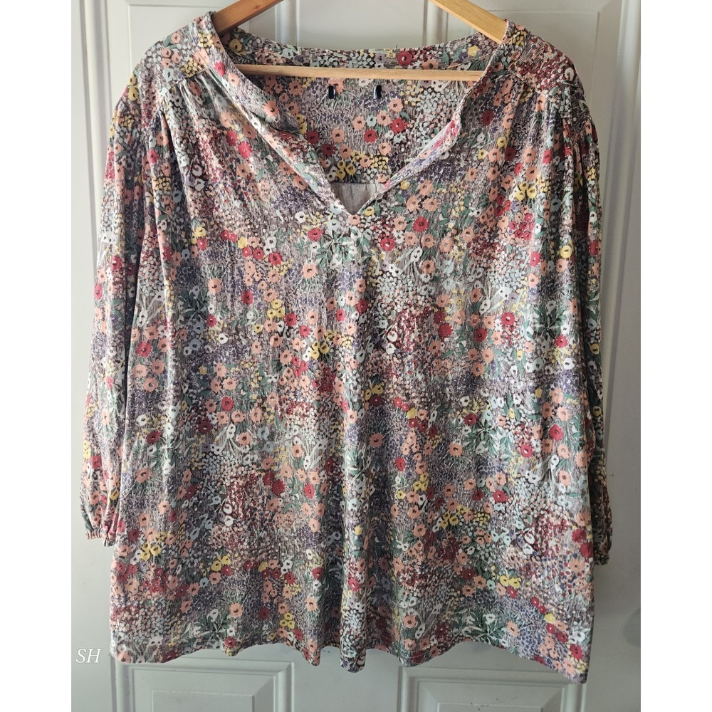 Chaps Women's Floral Peasant Blouse Plus Size 3/4 Sleeve Split Neck Boho Top